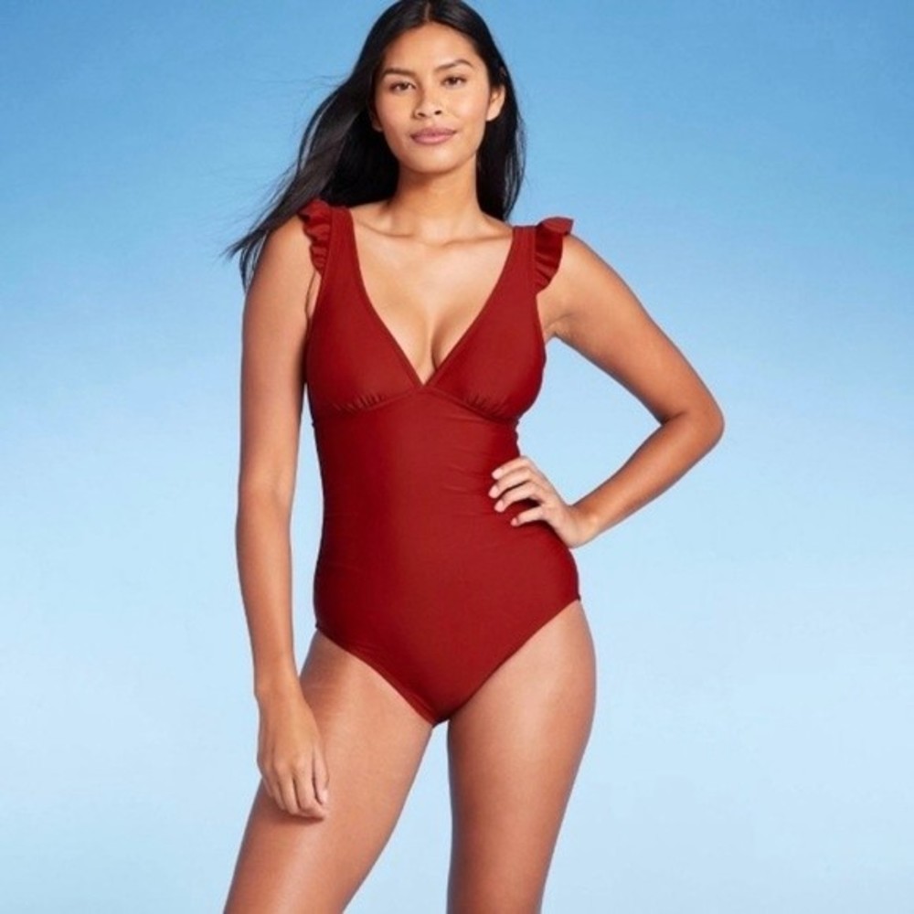 Ruffle Shoulder High Coverage One Piece Swimsuit NWT